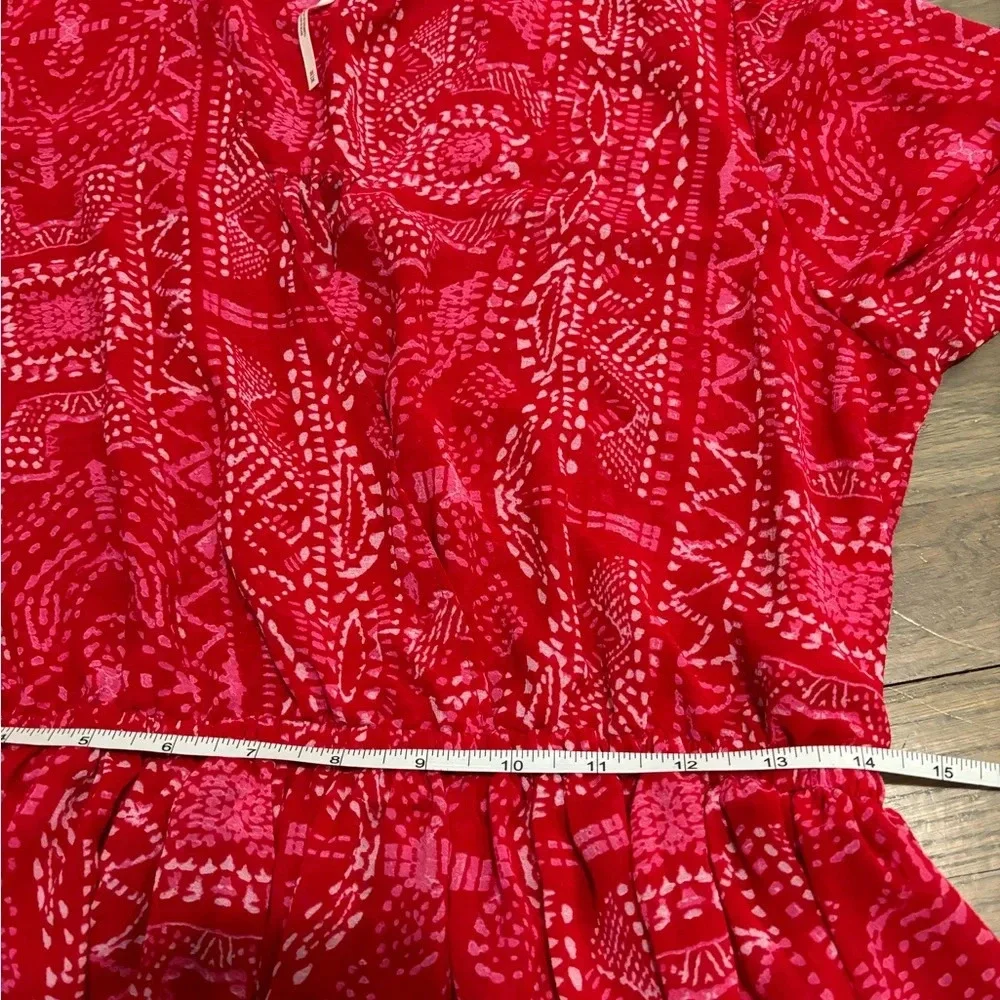 Free People Blouse. Red Sheer Asymmetrical Bell Sleeve. Medium. - Picture 9 of 9